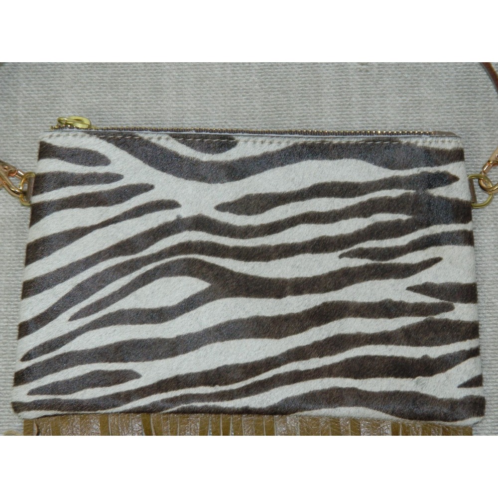 Crossbody Purse Bag Brown Zebra Cow Calf Hair Leather Fringe Crossbody USA - Picture 3 of 9